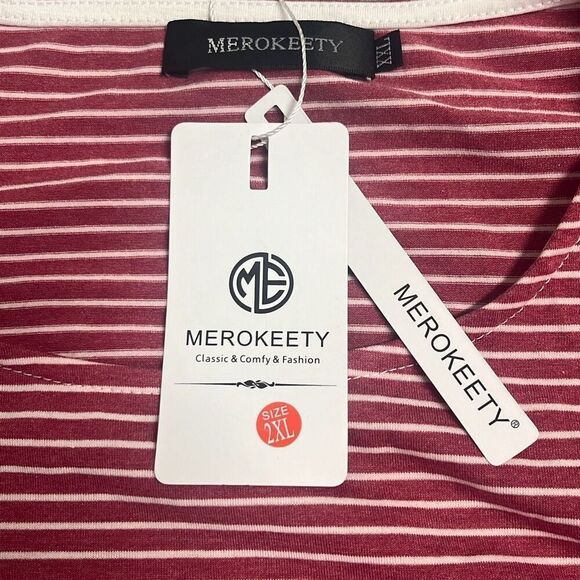 Merokeety Red White Pinstripe Midi Dress Long Sleeves XXL NWT Flowy Casual - Picture 6 of 11